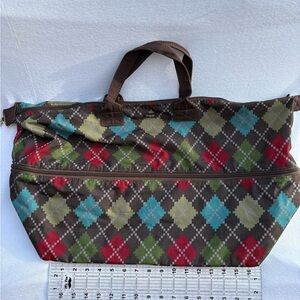 Vera Bradley Brown Argyle Zip-Top Tote with Red, Green & Teal Diamonds